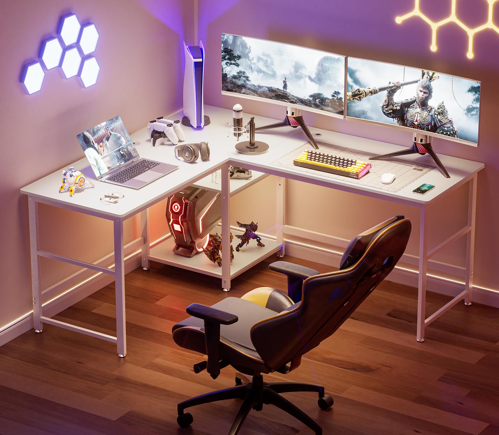 字デスク パソコンデスク L字型 幅170+150cm 奥行60cm ゲーミングデスク pcデスク 机 収納 棚 ラック付き コーナーデスク オフィスデスク テレワーク 学習デスク 23772