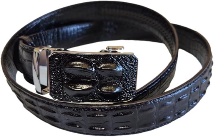 メンズ クロコダイル 型押し ベルト 牛革 レザー わに オートロック 穴なし ビジネス(ブラック B)