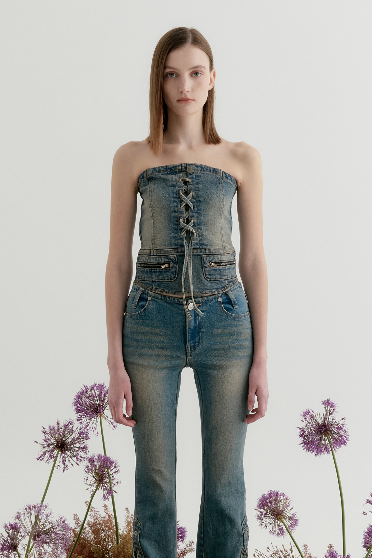 【YUSE】 LACE-UP DENIM TUBE TOP : INDIGO