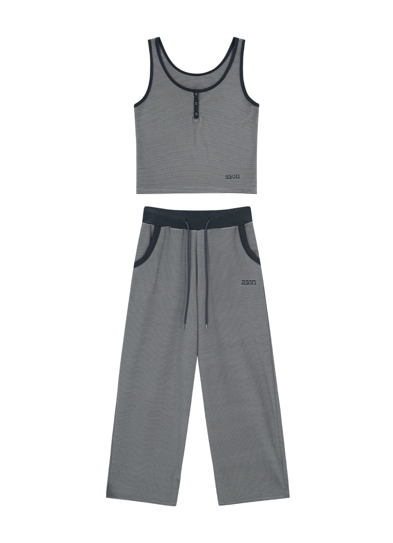 【AS"ON】 [SET] RIN STRIPE SLEEVELESS & PANTS / BLUE GRAY 正規品