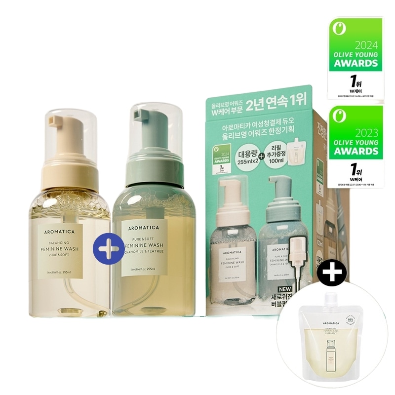 デリケートゾーンソープ／フォーム DUO SET / ピュアアンドソフト 女性ウォッシュ255ml (+カモミール&ティーツリー255ml) ／かゆみ匂いケア／弱酸性／デリケートゾーンケア／フェミニン