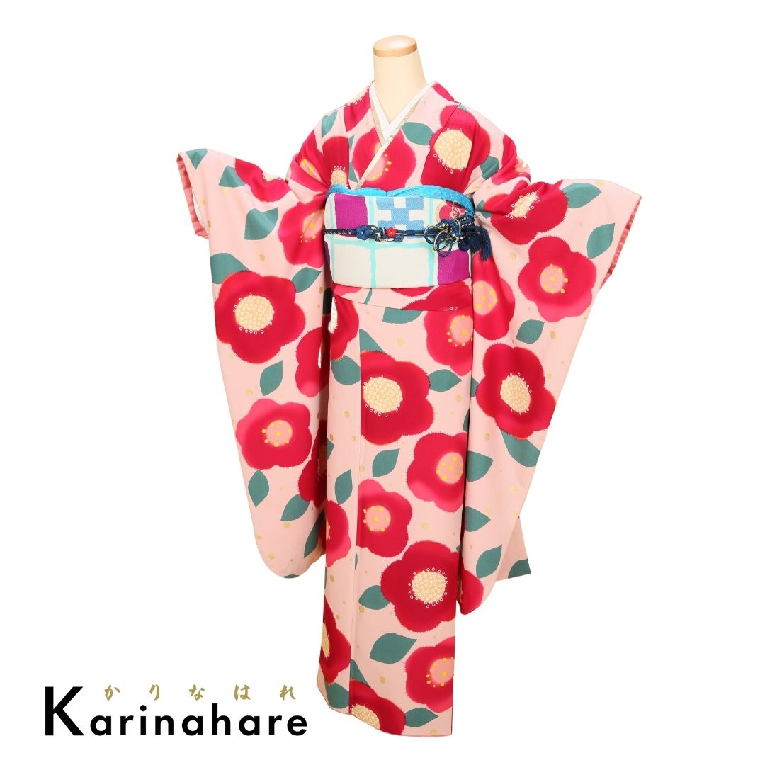 結婚式結納振袖レンタルレトロポップの小紋　赤ピンク椿柄の振袖振袖セットF399-105