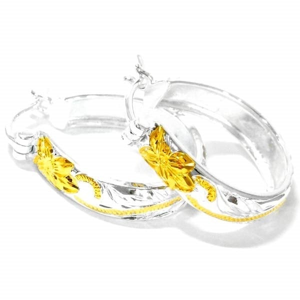 ハワイアンジュエリー フープピアス プルメリア 花 スクロール 波 トロピカル イエローゴールド ペアカラー レディース シルバー925