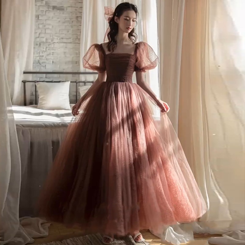 パフスリーブ チュールドレス ウェディングドレス パーティードレス レディース ロングドレス 半袖 スクエアネック フレア Aライン フォーマル ハイウエスト かわいい 上品 エレガント プリンセス