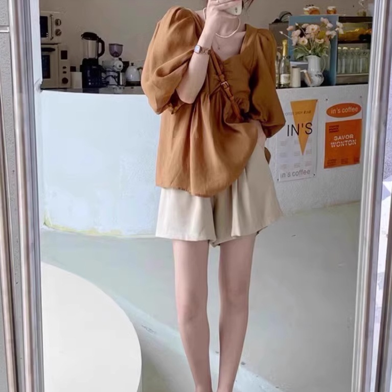 レディース トップス シャツ ブラウス プルオーバー セットアップ 2点セット ツーピース シフォンシャツ ショートパンツ ショート 半袖 ボリューム袖 スクエアネック 襟なし ワイド 薄手 かわいい