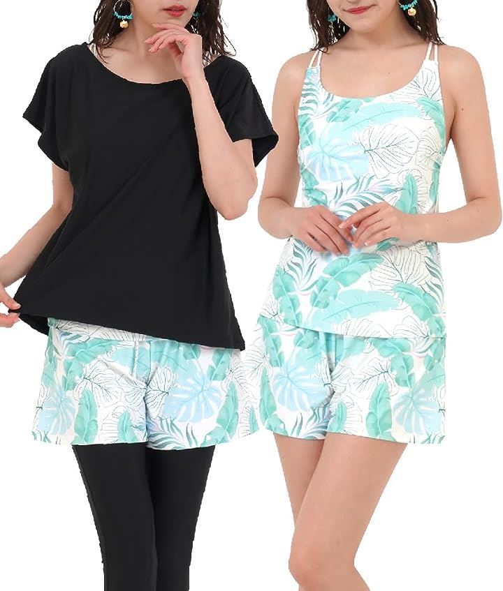 水着 レディース 5点セット ヨガ タンキニ Tシャツ パンツ レギンス ショーツ グリーンリーフ x ブラック( グリーンリーフ x ブラック, M)