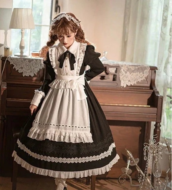 [本日限り激安SALE]エプロン ワンピース コスプレ 長袖 秋冬 3点セット メイド ロリータ レディースファッション 品質良い