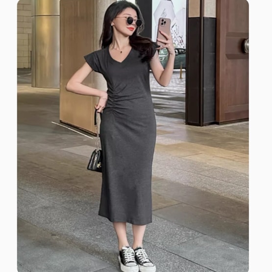 ワンピース レディース ロング 半袖 Vネック 襟なし タイト スリム 細身 ストレート かわいい 大人可愛い きれいめ シンプル カジュアル おしゃれ かっこいい こなれ感 ラフ ガーリー 個性的