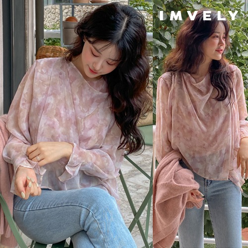[IMVELY イムブリー公式] ロマンティックシフォンアンバランスドレープブラウス 韓国