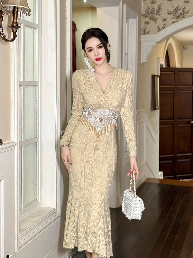 【JY.上品】 2025秋 ｖネック フリンジ マーメイド レース ドレス パーティー キャバ 大人 同窓会 披露宴 卒業式 結婚式 演奏会 ウェディング 二次会 メガ割 5,304円