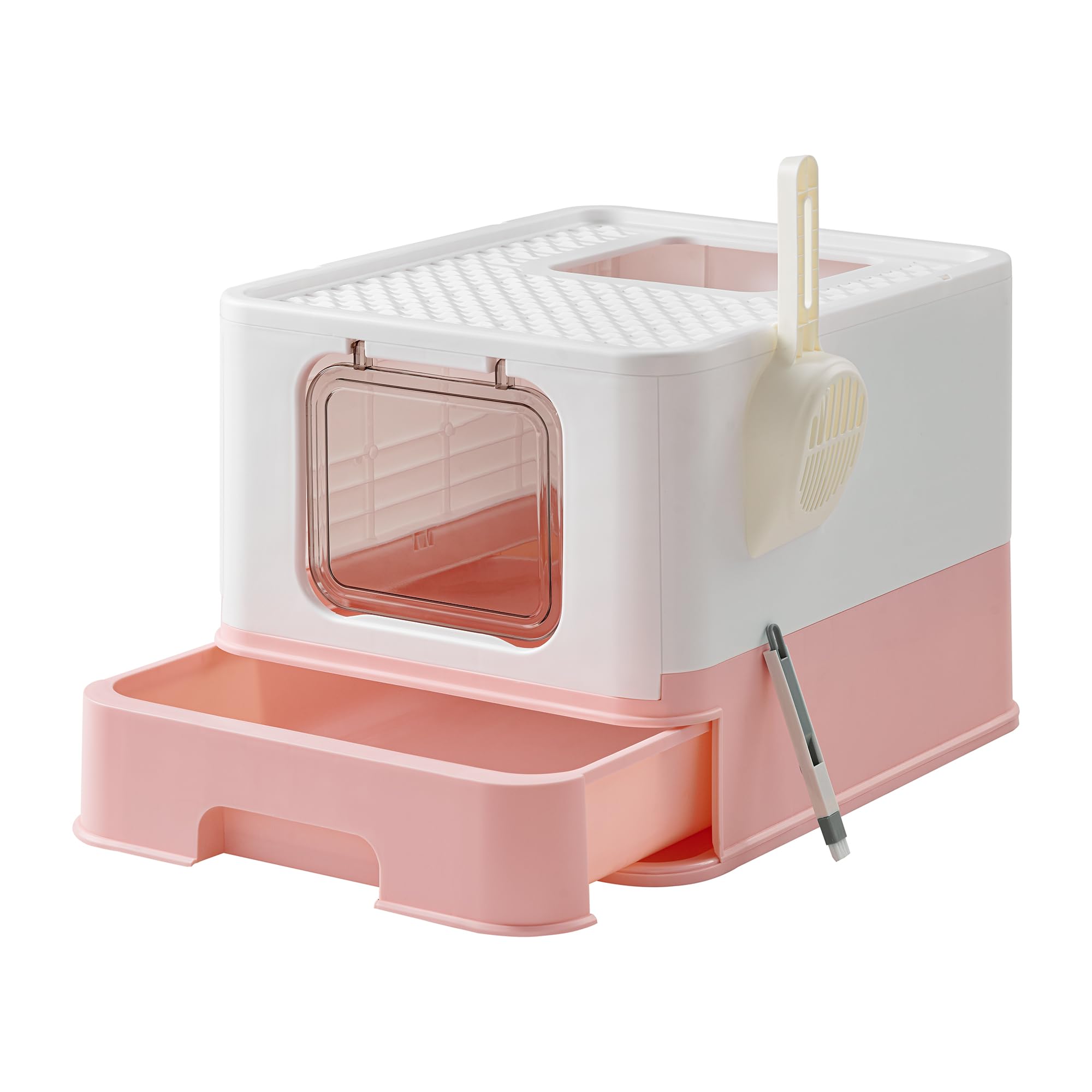 FEANDREA 猫トイレ 大型 スコップ付 折畳式 飛散防止 掃除簡単 漏れ防止 組み立て簡単 2WAY出入り方法 大容量 猫トイレ消臭 54.3×42.5×37.8cm PPT001P01