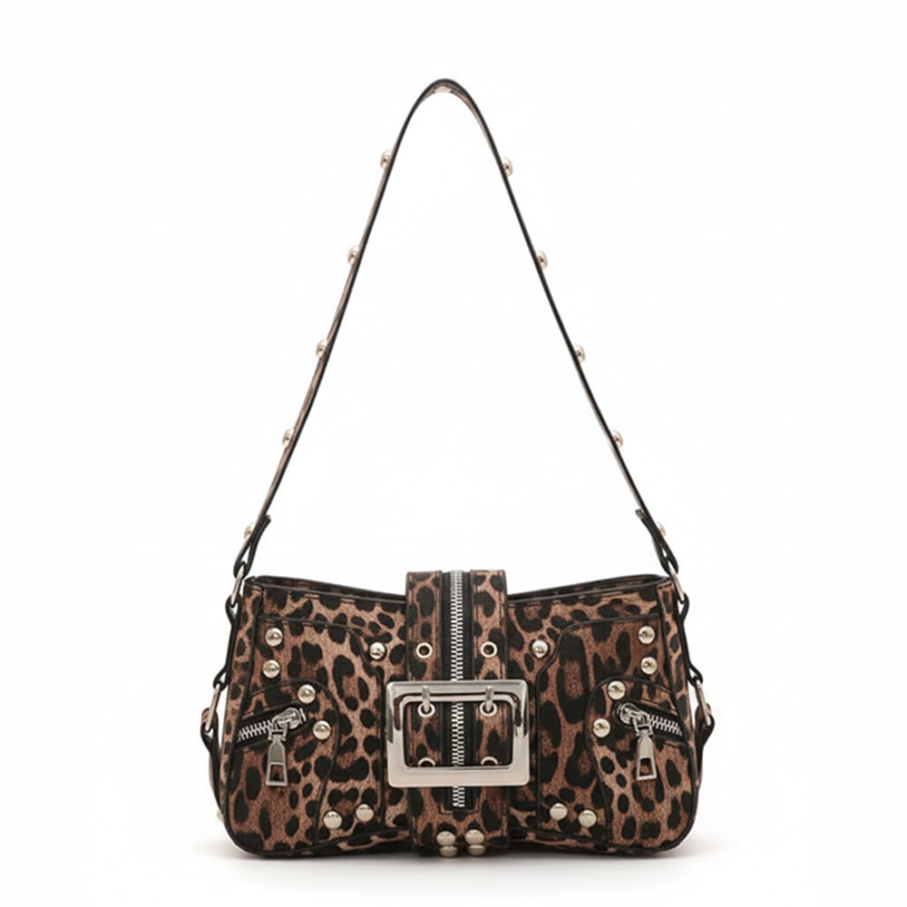 스터드 레오파드 미니 바게트백 벨트 숄더백 2color