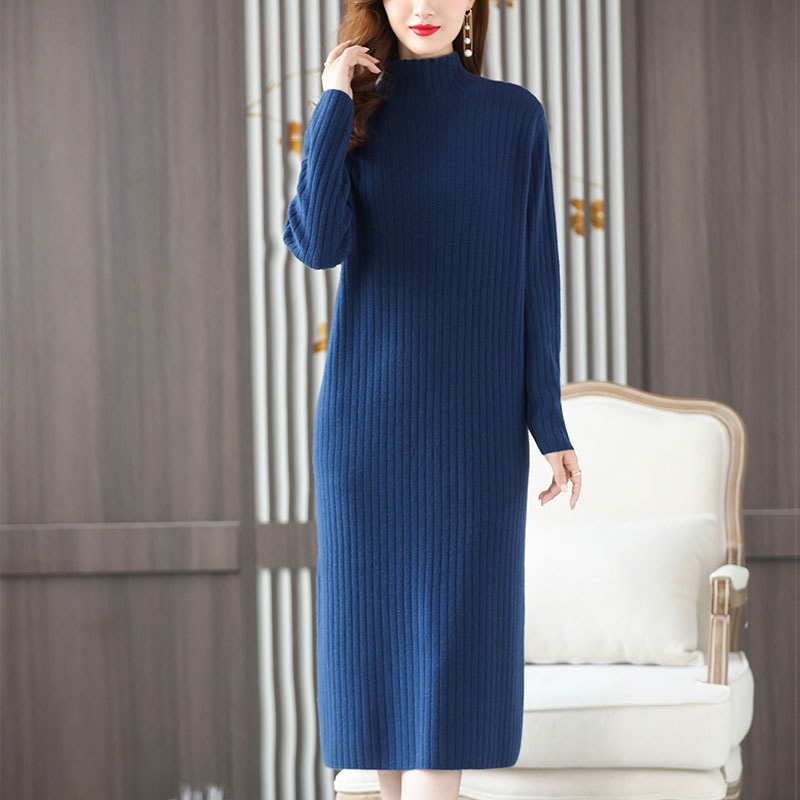 100% 純セーターの大きいサイズの女装太ったmm半高襟vネックセーターの底シャツの女性の長いワンピ