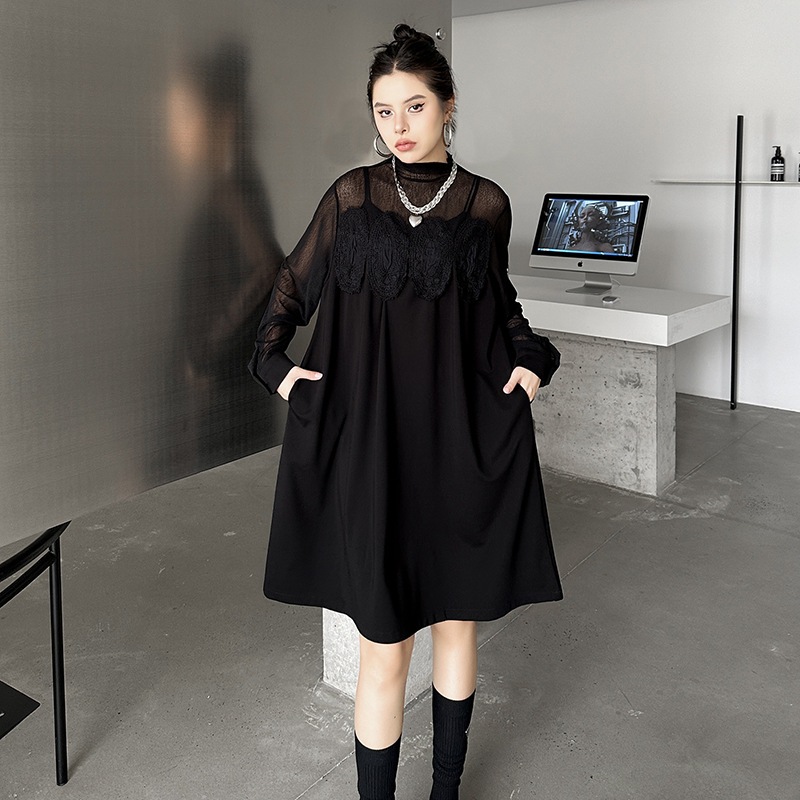 【J.Fashion】 チュールドッキング レースワンピース おしゃれ 個性的なデザイン レディース ロングブラウス メガ割