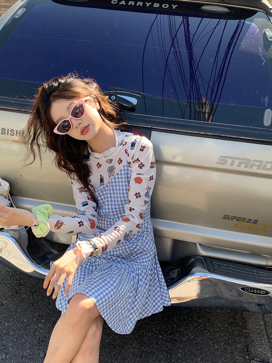 スモールフレッシュウエストプリーツスカート 青白チェック柄フィッシュテールサスペンダードレス 女性用