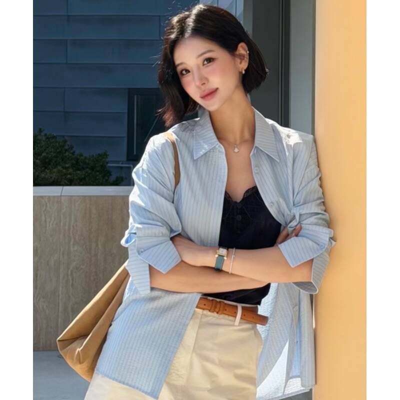 ドローフィット ウィメン DRAWFIT WOMEN シーサーカーストライプ 隠しボタンシャツ [L.BLUE] DFWMSH6201LBL 372978