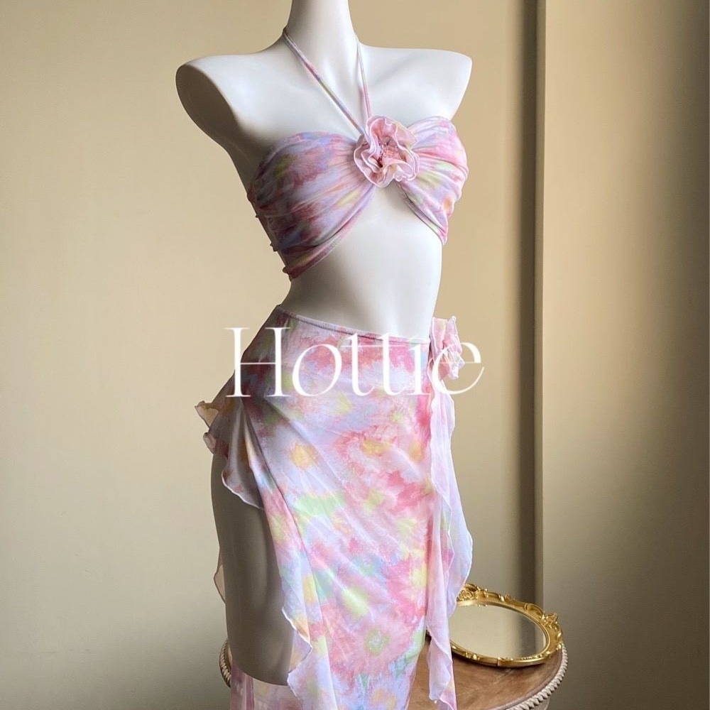 替换ピンク ビキニ フローラル 分体 ドレス風 水着 女性用 3点セット リゾート 海辺 スモールトップ INS108953