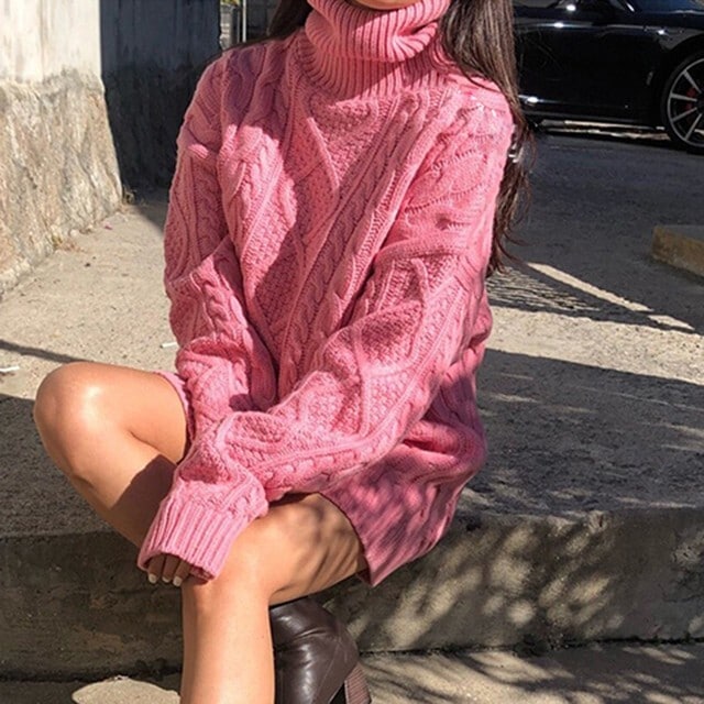 【送料無料】レディース タートルネックセーター リブニットセーター ツイストヘッジ ミドル丈