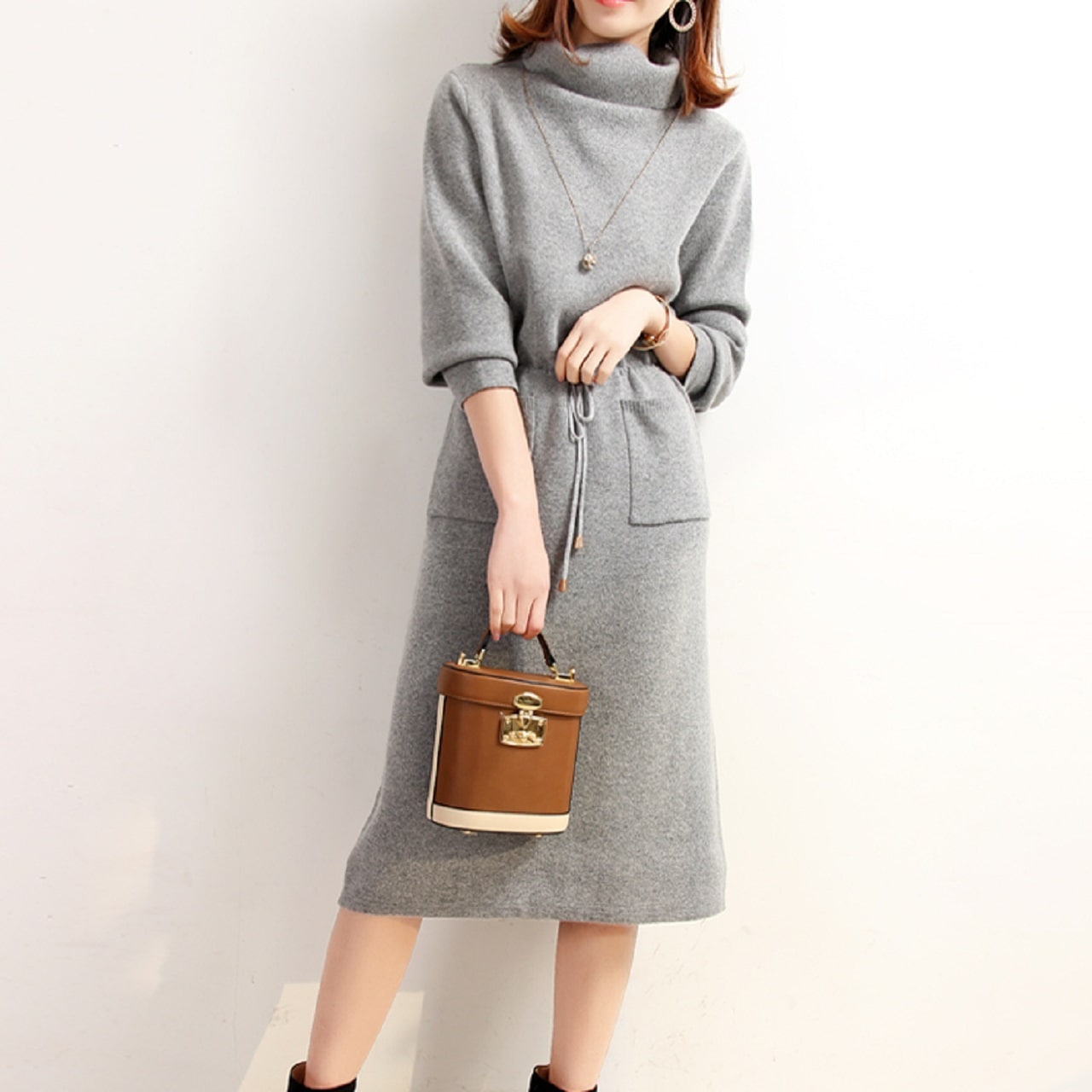 新作 冬 プレーン 無地 ハイネック 暖かい ニットワンピース 長袖 通勤 通学 ミドルウェスト