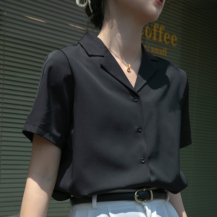 黒 シャツ レディース アウター 半袖 シフォン トップス レディース おしゃれ ゆったり リラックス レディース ドレープ シャツ171208