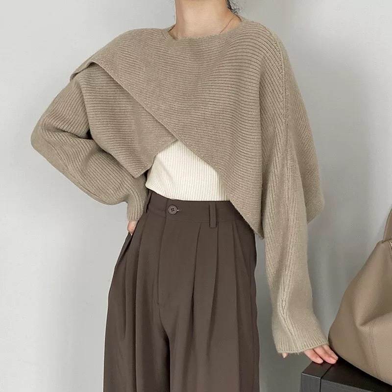 クーポン有トップス レディース ニット セーター クロスデザイン 秋 冬 普通丈トップス 袖なし ラウンドネック ストレート スリット オーバーサイズ アシンメトリー カラバリあり ブラック 黒 グレ