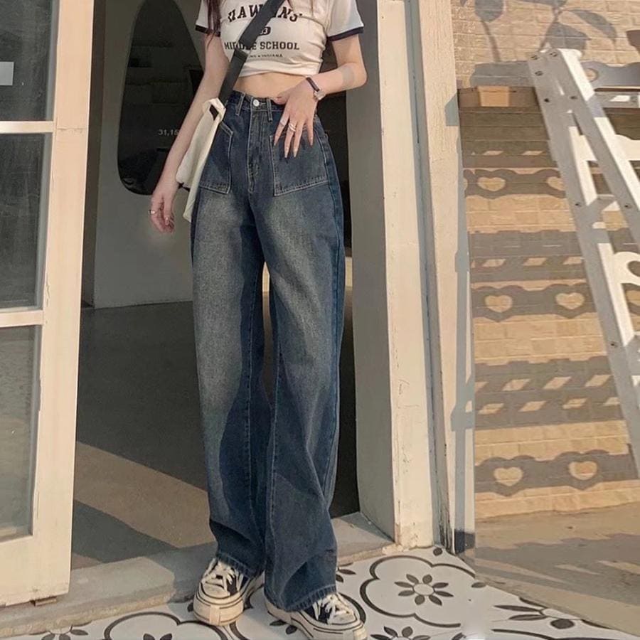 出荷が早いレトロ デニムワイドパンツ ハイウエスト レディース