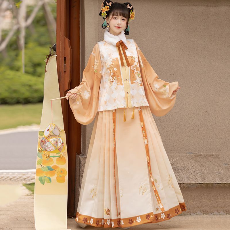 Huaguci 大人の漢服 玉兎 明製 ラウンドネック Bijia 馬の顔のスカート 春のプリント うさぎの要素 デイリーウェア