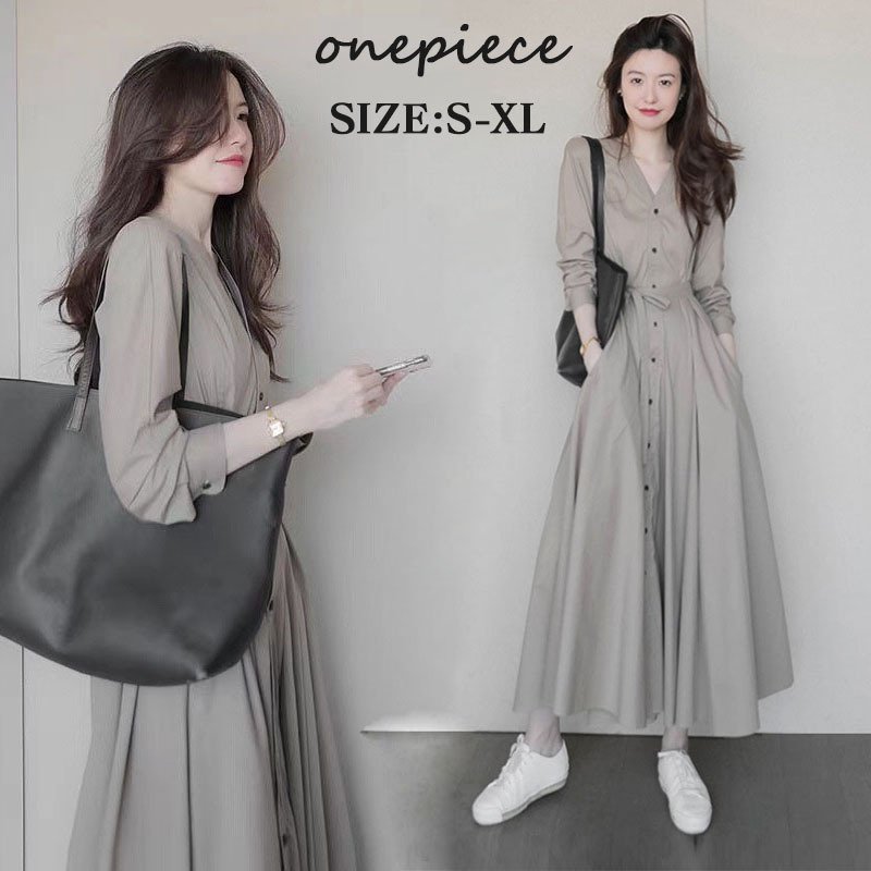 シャツワンピース レディース 40代 きれいめ マキシワンピース 秋服 長袖ワンピース Vネック A