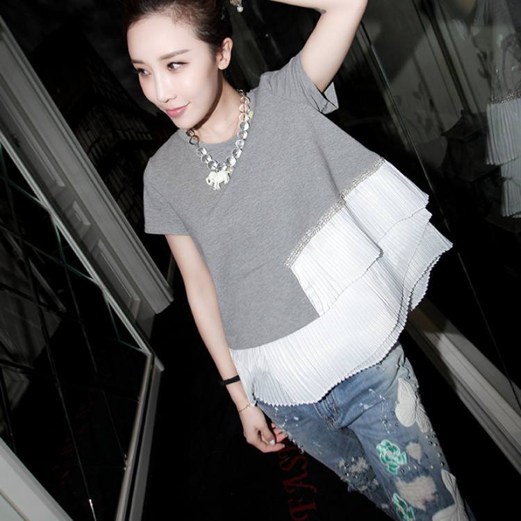 トップス Tシャツ カットソー 袖あり 半袖 ラウンドネック クルーネック ワイド 切り替えデザイン プリーツ シフォン 綿 ダウン コットン かわいい 大人可愛い シンプル カジュアル 大人