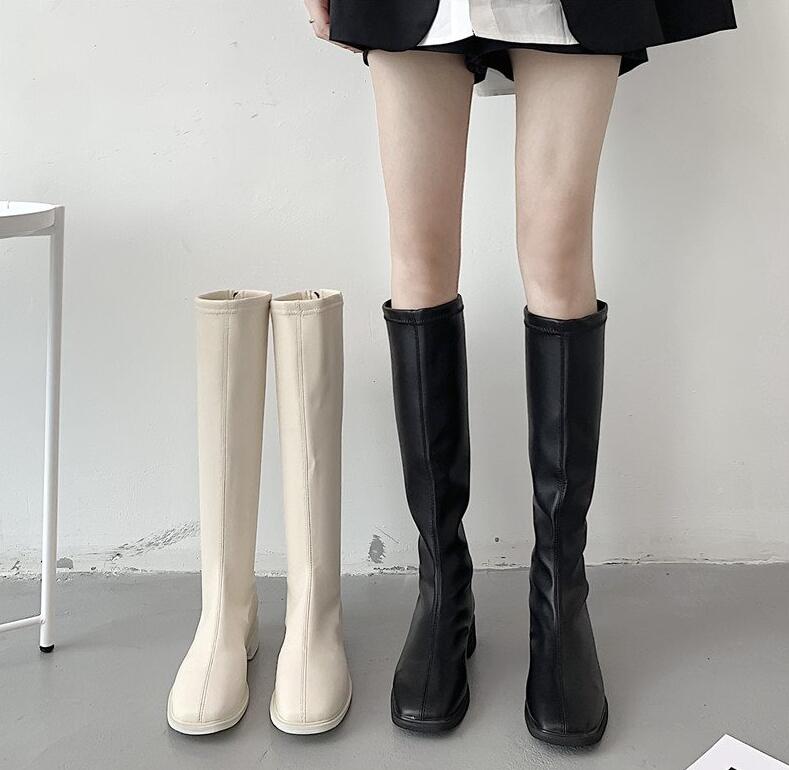 【本日限定】レディースブーツ　ロングブーツ　エンジニアブーツ　ジョッキーブーツ　ぺたんこ　スクエアトゥ　長靴　合皮　ロング丈　秋冬　太ヒール　3cm　 厚底　ローヒール　黒　ベージュ