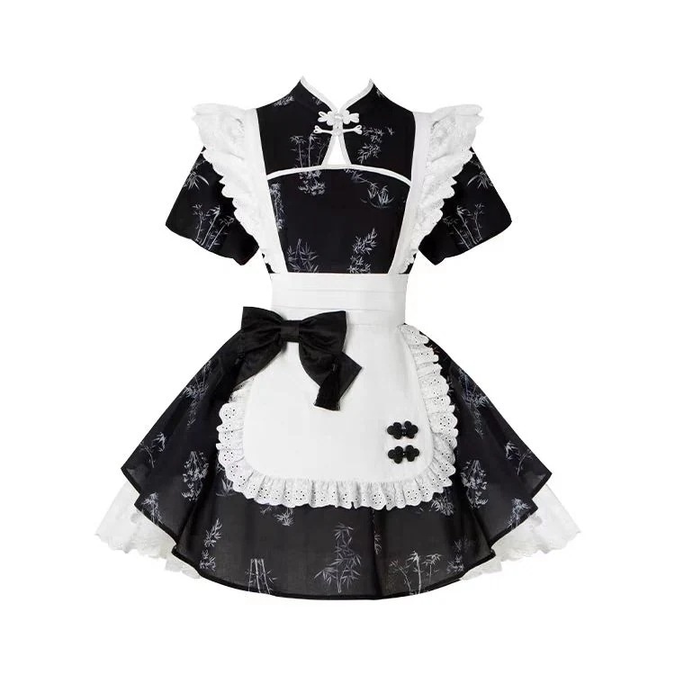 ロリータ竹枝プリントOPワンピースワンピース花嫁リボンエプロンポンポンプリンセススカートロリータメイド服