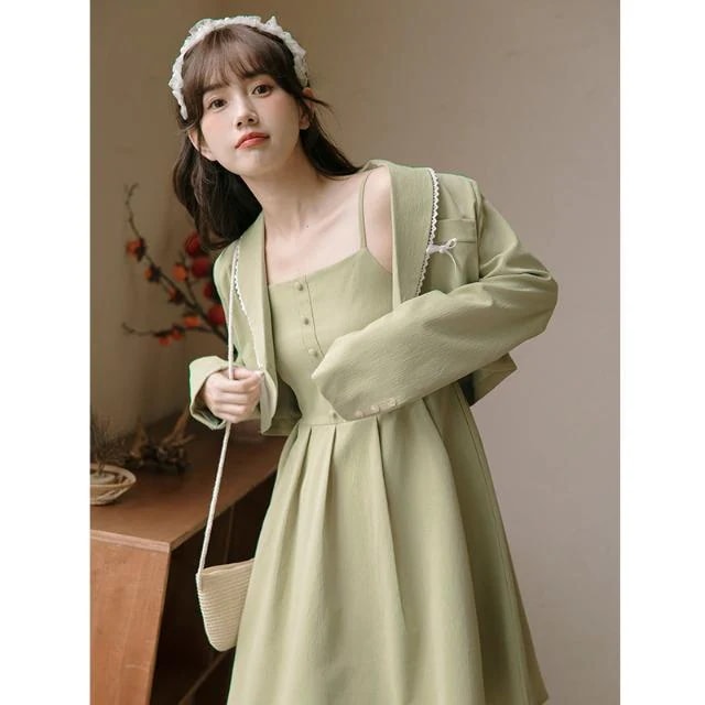 新型長袖スーツサスペンダースカート2点セット学院風感気質ワンピース