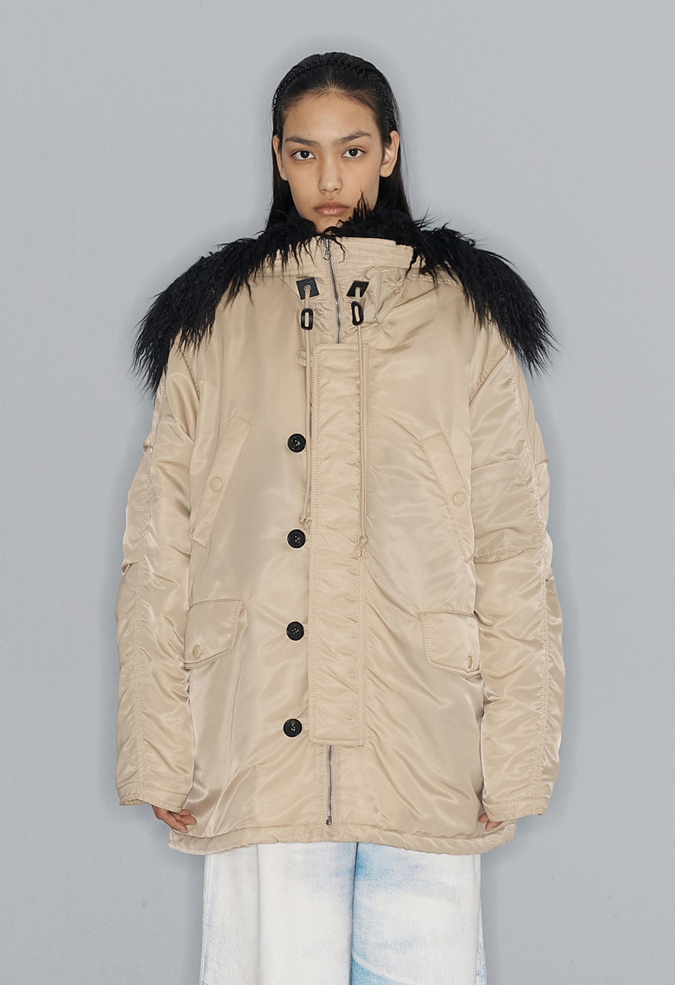 【OPEN Yy】 OVERSIZED FAUX FUR HOOD PARKA : BEIGE