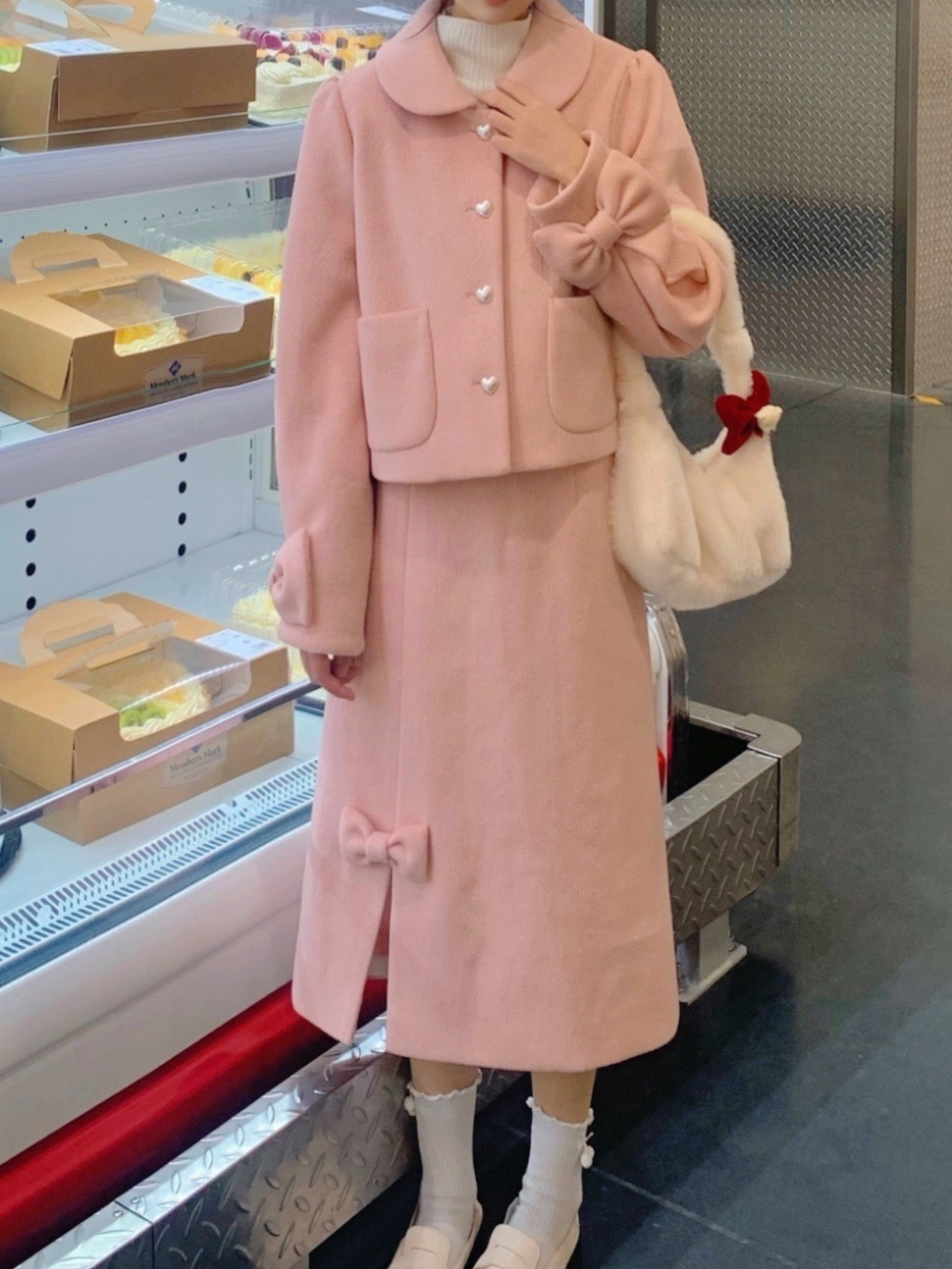 サクラピンク微ラメウールコート森ガールツーピースウィンターラブパールボタンリボン着痩せスーツ
