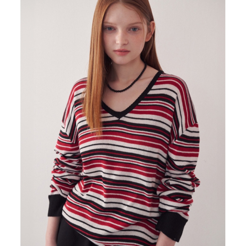 RONRON マルチストライプ V ネックニットブラック