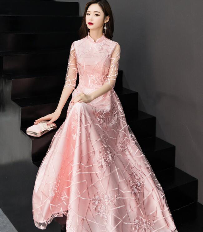 レディースドレス 新着 エレガント 4色 ミモレ丈/ロング丈 レディースワンピース ブライズメイド 立ち襟 シルバー シャンパン ピンク レッド 半袖ワンピース チュールスカート 宴会 パーティードレ