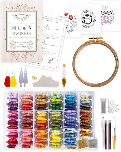 他サイト： 刺繍キット 刺繍糸 図案本 刺繍枠 初心者 セット 収納 布 25番/8m/6本綴り(108色＋金銀)の商品画像