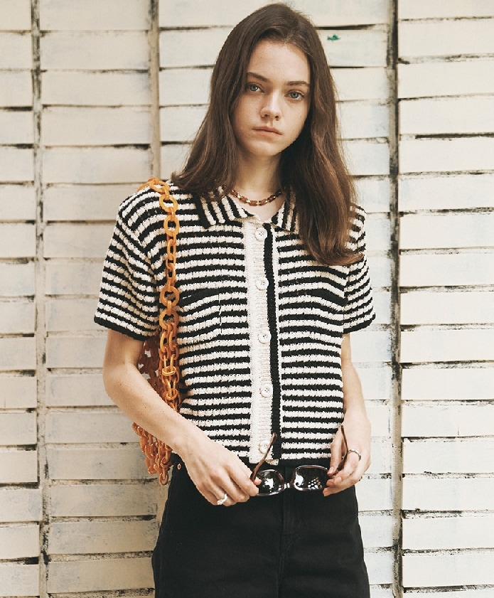 STRIPE CROP KNIT CARDIGAN_BLACK