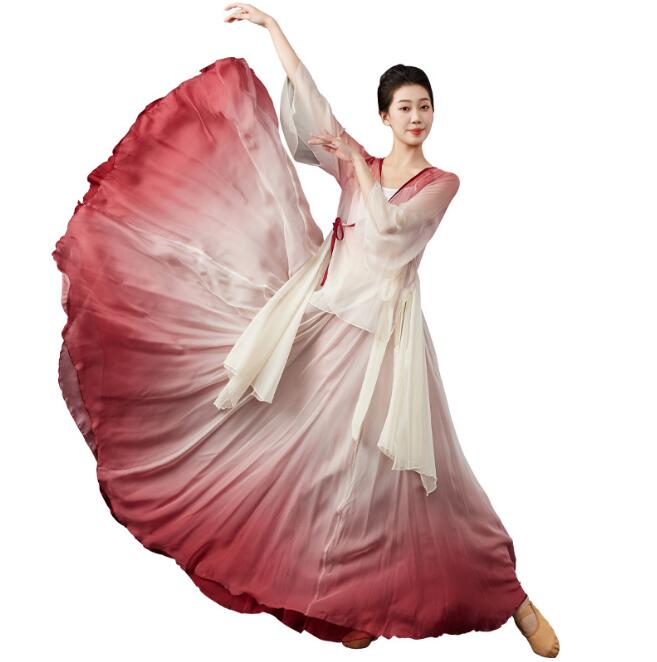 女性 ダンス衣装 720度 大きい裾スカート ロング丈 グラデーション 広がるラップスカート 巻きスカート チュールシャツ フレア袖 チャイナ服 女性 民族ダンス 古典ダンス 舞台演出服 レッド