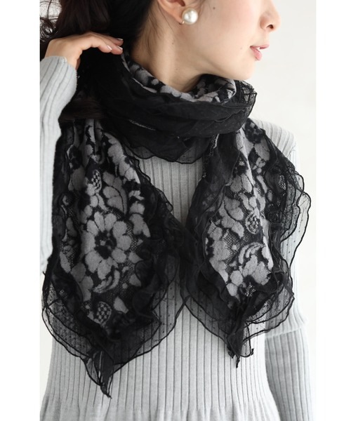 [最安値挑戦]ストール （黒）浮かぶ花柄の起毛レースストール レディース