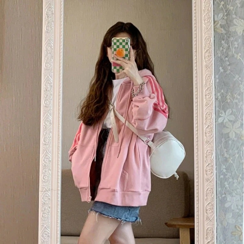 22衛衣女加絨毯厚手だるい風ファッションピンクファスナー連帽衛衣コート女1145124278