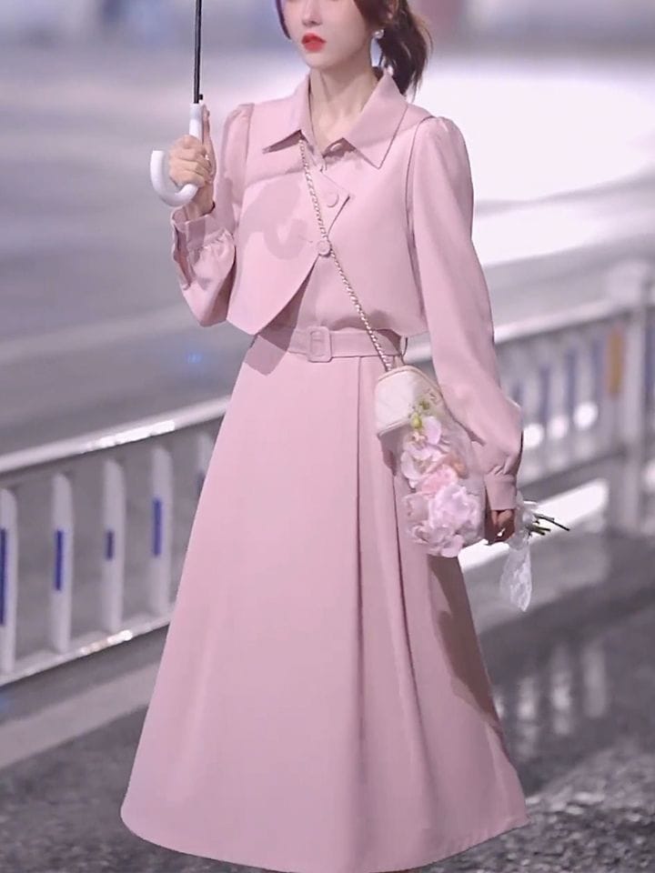 おしゃれな洋風フレッシュピュアカラードレス2点セット2025春ウエストスリムウエストベストスカート