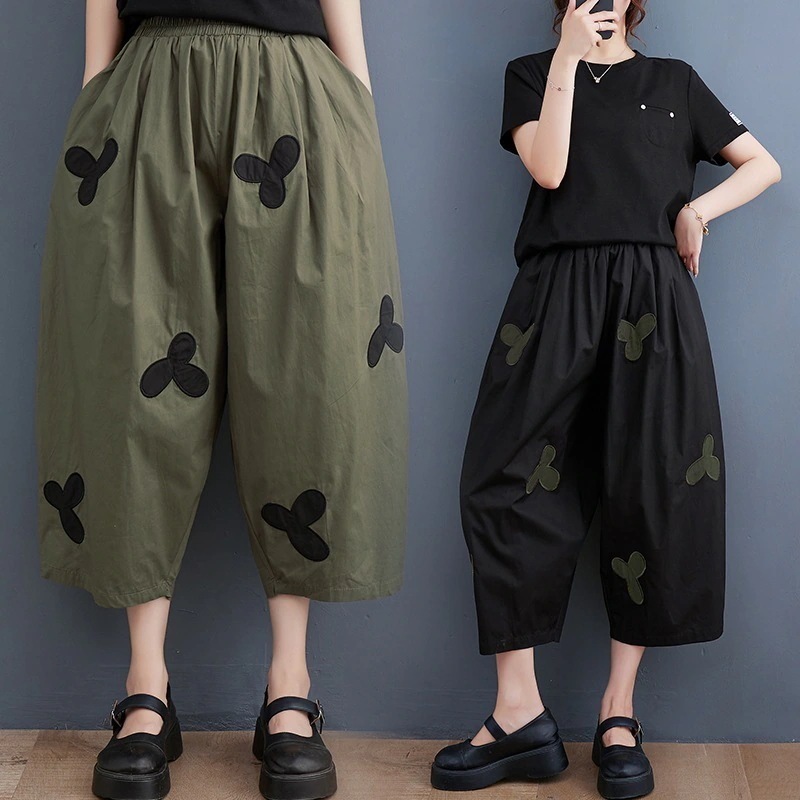 刺繍スラックスパンツ夏の新型ハイウエスト 痩せワイドパンツ ハーレムパンツ九分パンツ