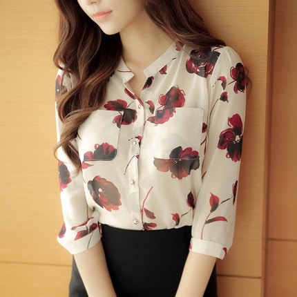 872.花柄七分袖シフォンブラウス（ホワイト）