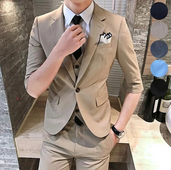 カジュアルスーツ イギリス風 紳士服 夏用 シングルスーツ メンズ スーツ 3点セット ジャケット パンツ ベスト 7分袖 上下 スリムスーツ スリーピース 薄い ビジネススーツ スーツセット 通勤 5,260円