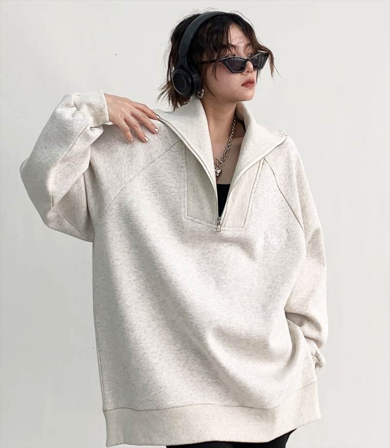 トップス スウェット 白トップス 袖あり 長袖 萌袖 ワイド ファスナー 綿 シンプル カジュアル