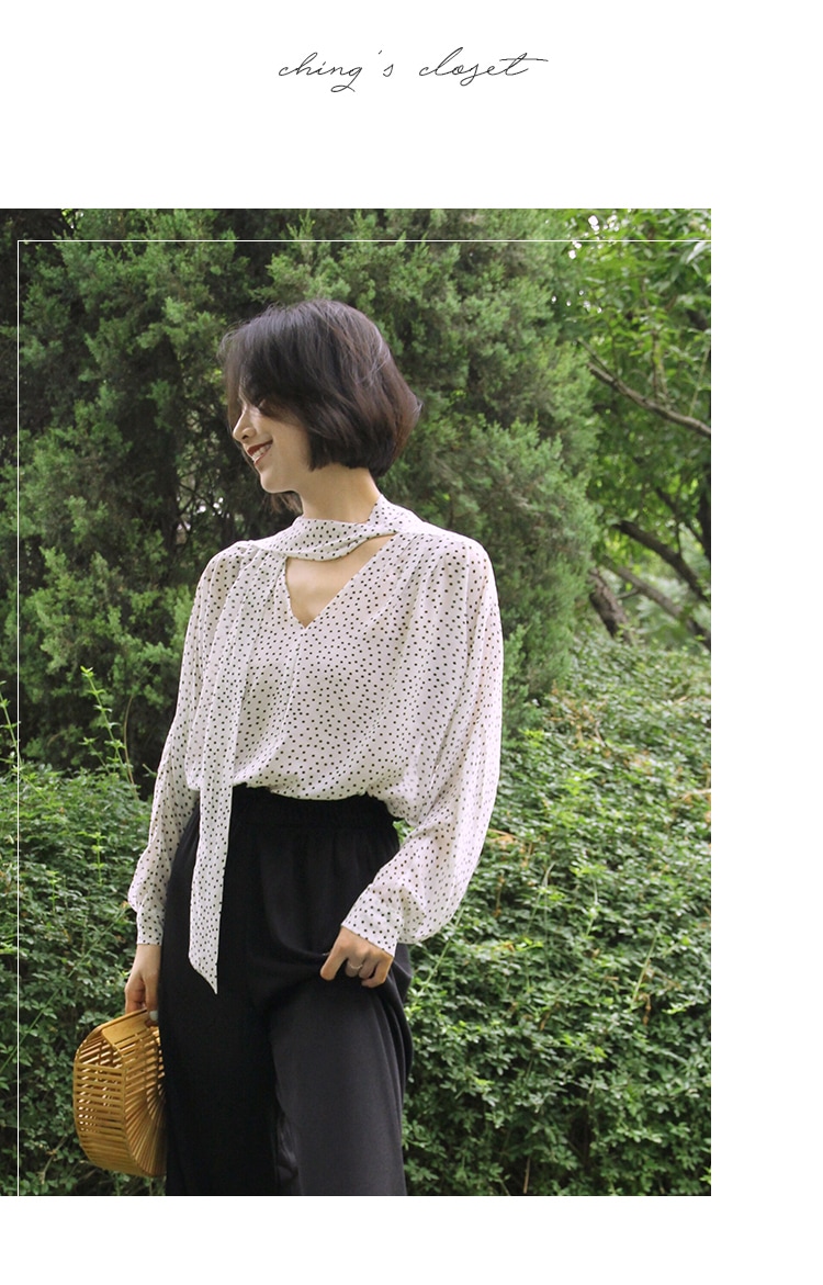 スリーブ ロング リボン Vネック イレギュラー ウェーブ ポイント レトロ シャツ レイジー シフォン 長袖 トップス ホワイト レッド ＳＭ トップス 袖あり かわいい 大人可愛い きれいめ