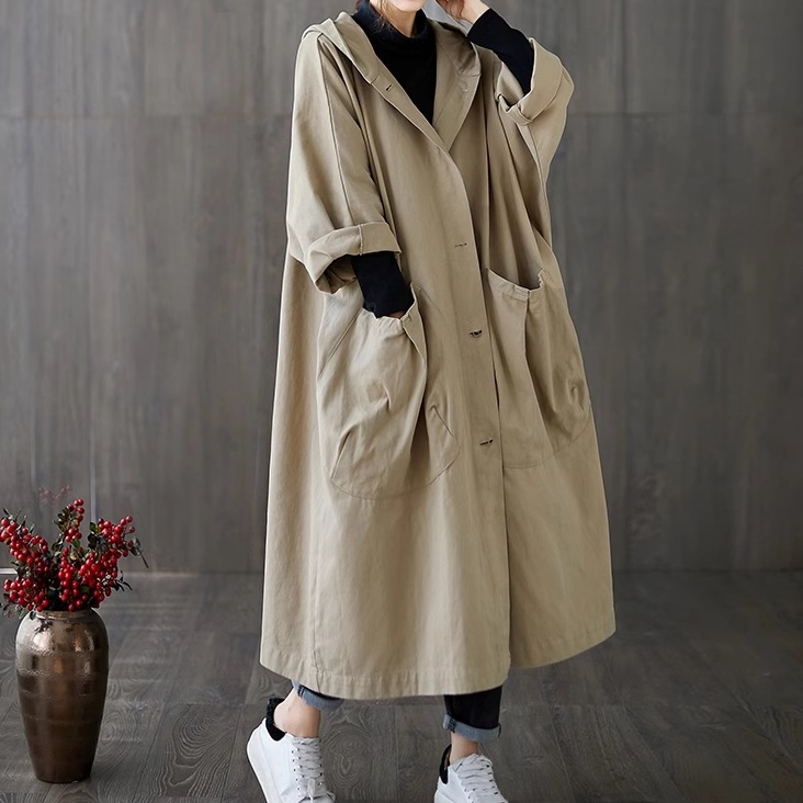 レディース アウター レインコート ロング ラグランスリーブ 袖あり 9分丈 襟なし フード ポケット 前開き ボタン 綿 ポリエステル かわいい 大人可愛い シンプル カジュアル おしゃれ レトロ
