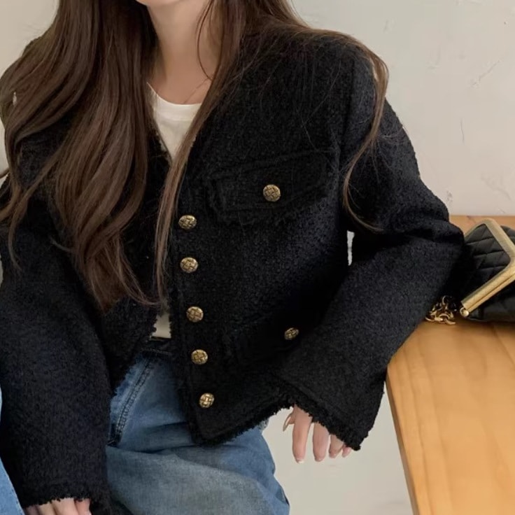 選べる2タイプ レディース ジャケット アウター ショート ロング 長袖 袖あり Vネック 襟なし 前開き ツイード ボタン 綿 かわいい 大人可愛い シンプル カジュアル おしゃれ レトロ 主役級