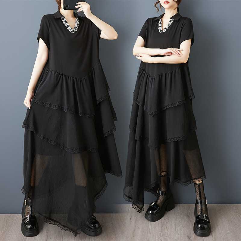 【Noir Mode】ワンピース シャツワンピース 夏 新作 ゆったり 大きいサイズ Vネック イレギュラー シフォン スプライシング 半袖ワンピース 4,973円